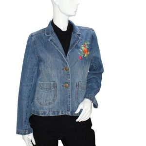 Shore Denim Jacket Floral Embroidered Blue Jean Blazer Women's Size L